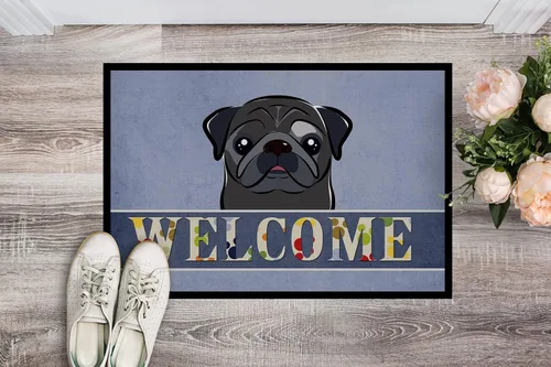Vista 2 de Caroline's Treasures BB1449JMAT - Tapete de bienvenida de carlino negro, 24 x 36 pulgadas, tapete azul para puerta delantera, para interiores y Pug