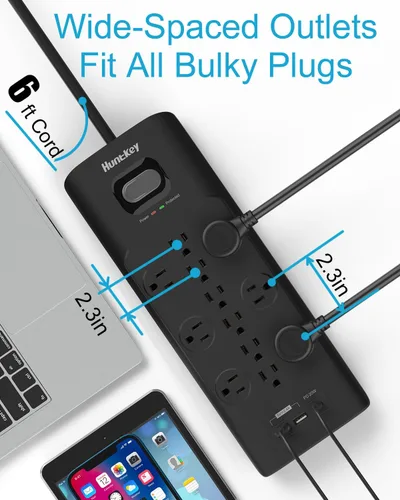 Vista 8 de Huntkey - Regleta protectora de sobretensiones (3480J), 12 salidas con 2 USB A y USB C de 20 W, carga rápida, enchufe plano de 6 pies, cable
