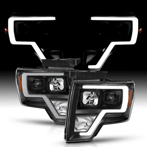 Vista 2 de AmeriLite para camioneta Ford F150 2009-2014, juego de faros delanteros LED de barra cuadrada, proyector halógeno negro, haz alto/bajo incluido