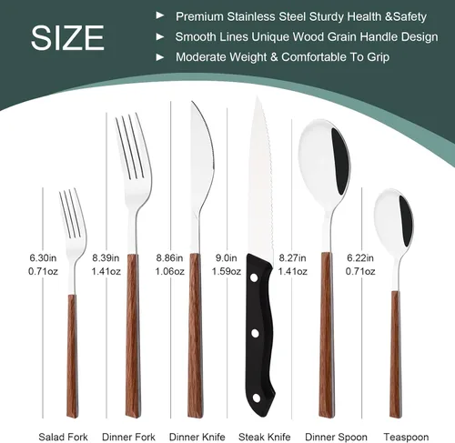 Vista 2 de Juego de cubiertos con cuchillos para carne, 48 piezas, juego de cubiertos para 8 cubiertos de acero inoxidable con mango de grano de madera