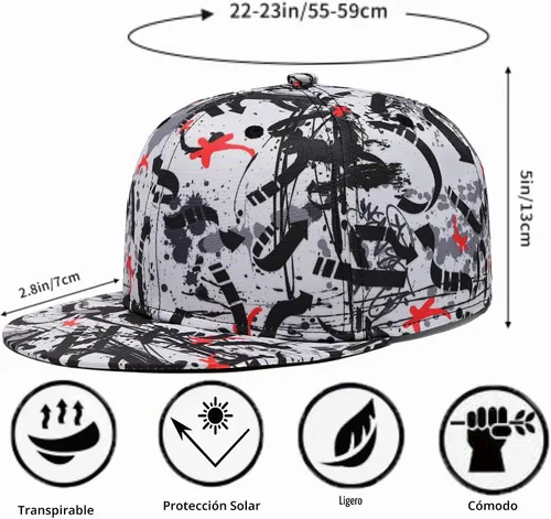 Vista 4 de Gorra de béisbol para hombre, estilo hip hop, visera plana, ajustable, unisex, ajustable, transpirable Nota musical Graffiti Negro
