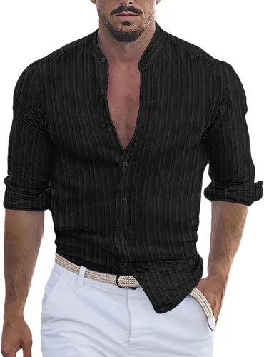 Vista 11 de Camisa de lino de algodón para hombre, manga larga con botones, cuello alto con bandas para playa y verano