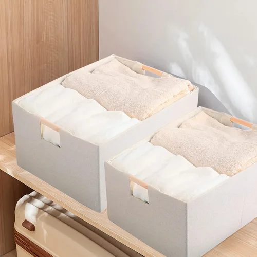 Vista 5 de Caja de Almacenamiento de Tela Plegable Cesta de Algodón y Lino con Asas de Madera, Cubo Rectangular Decorativo, Organizador de Lavandería
