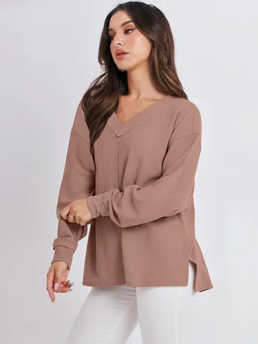 Vista 8 de ANRABESS Camisas de manga larga de gran tamaño para mujer, sudadera con hombros descubiertos, holgada, cuello en V, suéter alto y bajo 2025