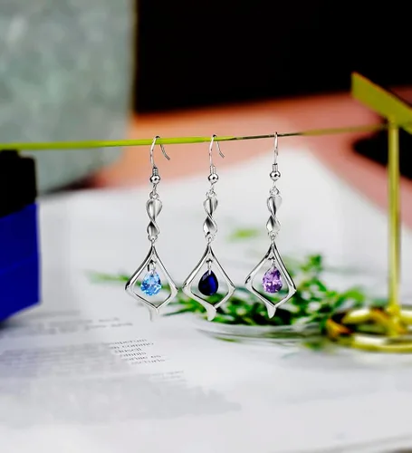 Vista 2 de Pendientes colgantes de plata de ley 925 con placa de oro de piedras preciosas para mujer Latón Metal Base Latón cristal