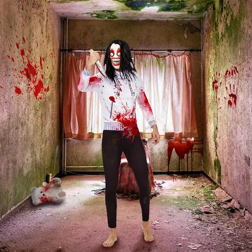 Vista 4 de Disfraz de Jeff el asesino, disfraces de Halloween aterradores para hombres y mujeres, incluye máscara de Jeff el asesino, cuchillo sangriento