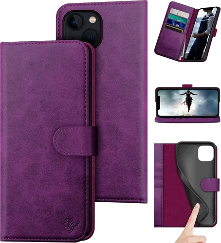 Vista 11 de DuckSky Funda tipo cartera de piel auténtica para iPhone 14 de 6.1 pulgadas con bloqueo RFID, 4 tarjeteros de crédito. Cuero auténtico. Funda