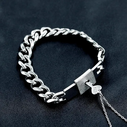 Vista 5 de Uloveido Juego de collar con colgante de llave de acero de titanio y pulsera cuadrada para parejas, regalos de valetines, Metal, circonita cúbica