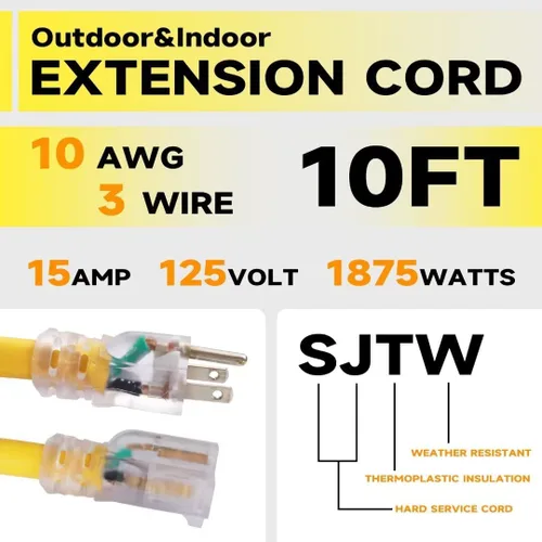 Vista 2 de Cable de extensión iluminado para exteriores de 10 pies - Cable de extensión amarillo resistente SJTW 10/3 con enchufe a tierra de 3 puntas