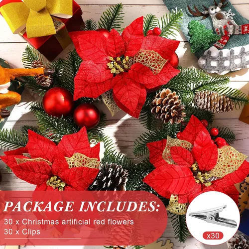 Vista 2 de 30 flores de Pascua artificiales de Navidad grandes de 8 pulgadas, para árbol de Navidad con purpurina, flores de imitación, guirnalda floral