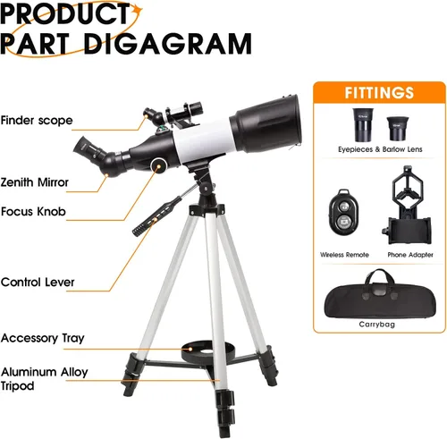 Vista 3 de Telescopio de 2.756 in de apertura 15.748 in refractor astronómico telescopio portátil para niños adultos principiantes con trípode adaptador