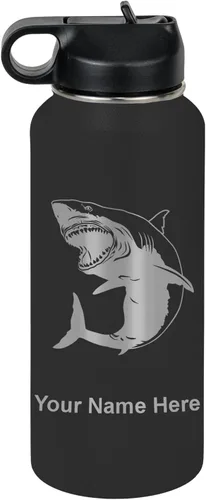 Vista 75 de LaserGram Botella de agua personalizada, gran tiburón blanco, acero inoxidable de doble pared aislada al vacío con popote superior, regalo grabado