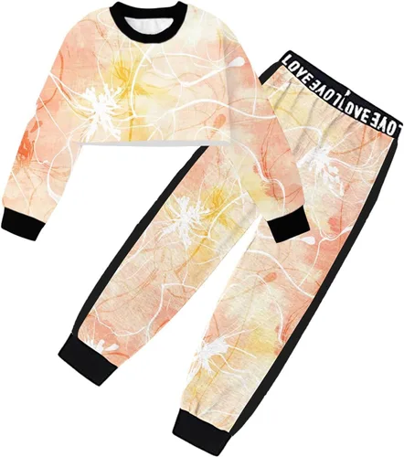 Vista 2 de Betusline - Conjunto de 2 piezas para niñas, ropa deportiva con sudadera y pantalones cortos, 4T-14 años Una flor de orilla naranja