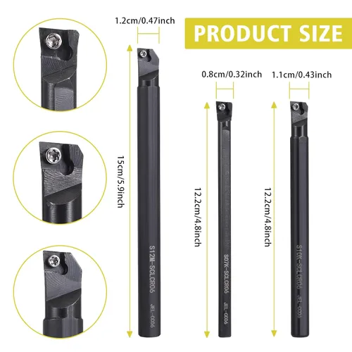 Vista 2 de VerRich Kit de herramientas de torneado de torno indexable, 3 barras de taladrado de torno S07K/S10K/S12M-SCLCR06 y 10 piezas de insertos de carburo