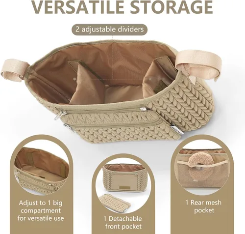 Vista 3 de Organizador de cochecito - Elegante nailon acolchado en espiga 3D, ajuste universal, bolsa desmontable, almacenamiento múltiple ajustable