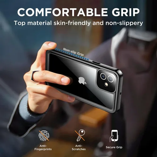 Vista 6 de Funda impermeable para iPhone 12, IP68 bajo el agua, a prueba de caídas, polvo y real 360, antideslizante, resistente, resistente, a prueba de Negro