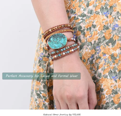 Vista 4 de Ygline Pulsera bohemia hecha a mano, con piedra de cristal, envolvente, de cuero, para mujer