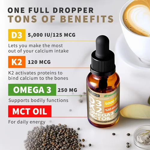 Vista 3 de Paquete de 2 gotas orgánicas de vitamina D3 K2 con aceite MCT y Omega 3 - Vitamina líquida D3 5000 UI - Suplemento de vitamina K2 D3 - Gotas