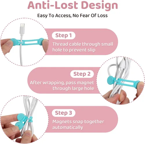 Vista 4 de Viaky 8 bridas magnéticas para cables, lazos de silicona reutilizables, soporte magnético para cables con orificio para evitar pérdidas para cables