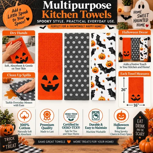 Vista 9 de Serafina Home Toallas de cocina de Halloween, Jack O Lantern Bat Pumpkin Murciélagos y gatos