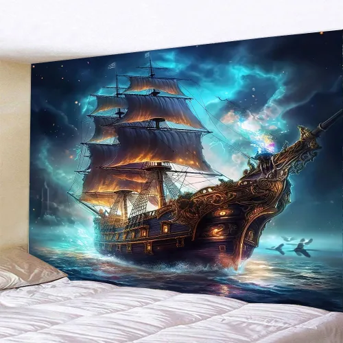 Vista 3 de FENDROM Tapiz náutico Decoración Fantasma Velero Arte de Pared Fantasía Paisaje Océano Náutico barco pirata Onda Vela Luna Tapices Colgantes