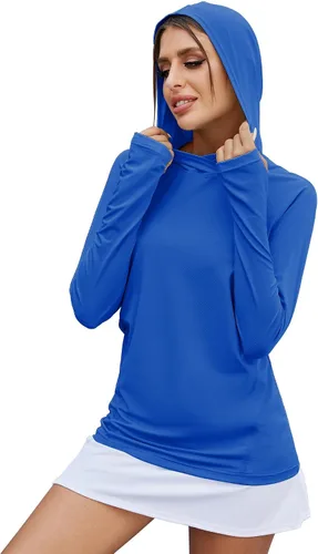 Vista 19 de LUYAA - Sudaderas con capucha para mujer, protección solar UPF 50+, transpirables, elásticas, para senderismo, manga larga, para correr Beige
