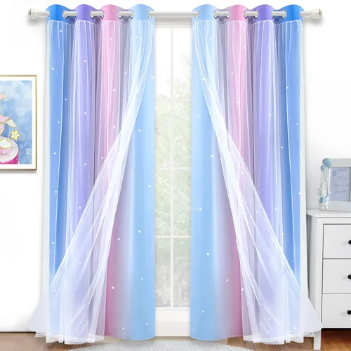 Vista 16 de Cortinas opacas con recorte de estrellas y arcoíris para guardería/habitación de niños/niñas, con superposición de tul, 2 paneles, cada una de 52