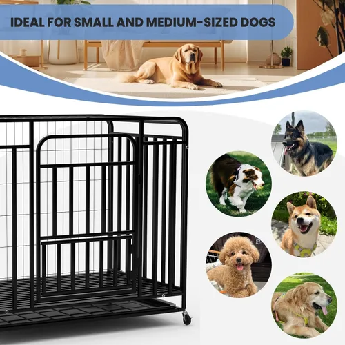 Vista 7 de Jaula de metal resistente para perros de 38 pulgadas, construcción de acero de aleación reforzada con puertas dobles, ruedas móviles y acabado