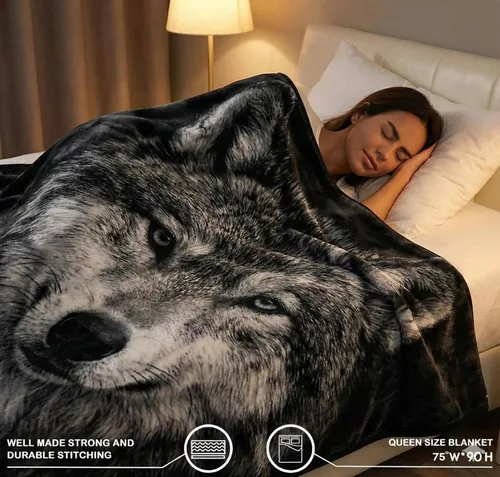 Vista 2 de Manta con diseño de lobo, 3.5 libras, ultra suave, de felpa, cálida