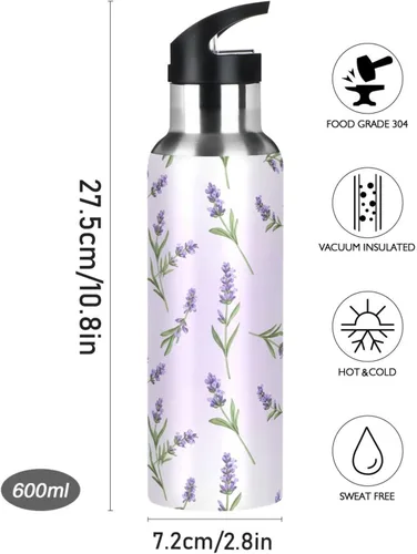Vista 9 de Insulated Stainless Steel Water Bottle with Straw 32 Oz, BPA-Free Sport Water Bottle Insulated for Gym Outdoor Travel School, Lavender Flowers Green