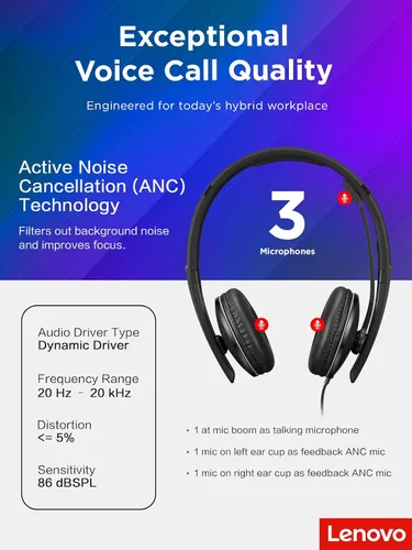 Vista 8 de Auriculares con cable Lenovo con cancelación activa de ruido (ANC), conectividad USB-C y USB-A, Certificado para Zoom, Cancelación activa de ruido