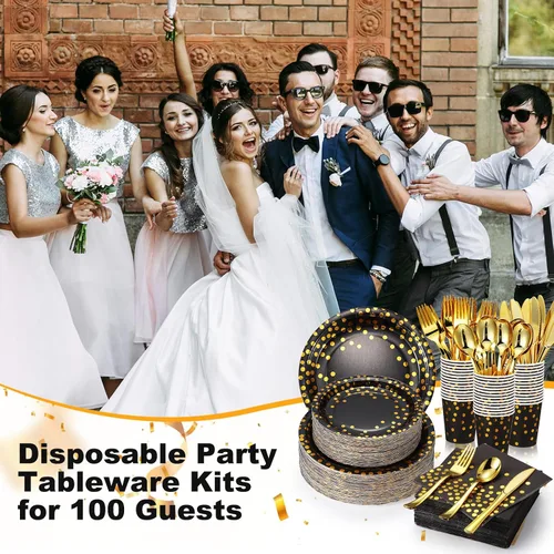Vista 5 de 700 piezas de suministros de fiesta negros y dorados, juegos de vajilla desechables para 100 invitados, platos de papel negro y dorado, servilletas