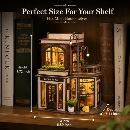 Vista 6 de Kit de rincón de libros de cafetería, rompecabezas de madera 3D para adultos con luces LED, decoración de casa de muñecas para escritorio