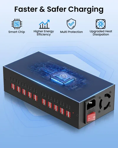 Vista 6 de Estación de carga USB~c de 300W, bloque de cargador USB de 40 puertos (20 USB A y 20 USB~C), estación de carga rápida para múltiples dispositivos