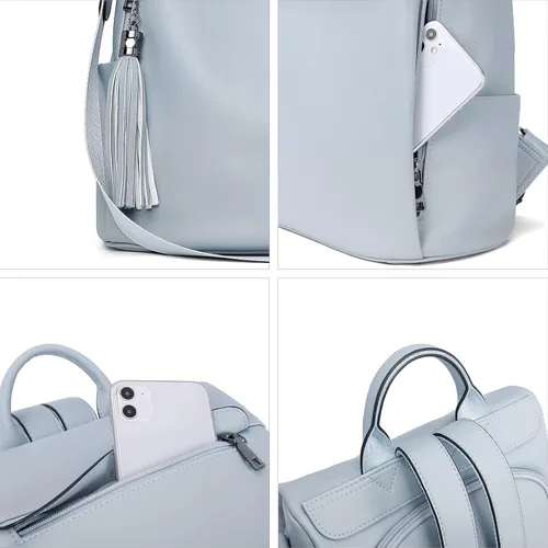 Vista 41 de Bromen - Mochila tipo bolso de mano de piel antirrobo para mujer a la moda, Beige floral, L