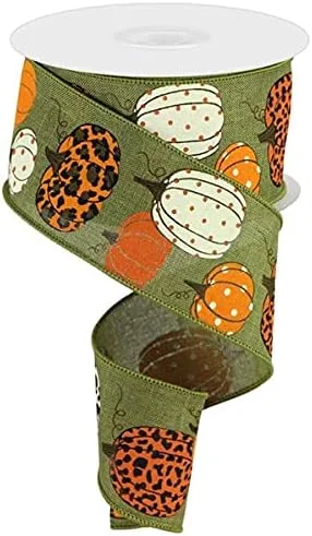 Vista 2 de Cinta con borde con alambre de calabazas sobre lienzo con estampado de leopardo, 10 yardas (crema, turquesa, 2.5 pulgadas)