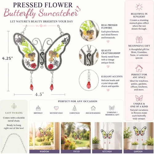 Vista 3 de Atrapasoles de mariposa con alas de flores prensadas – Regalo para familiares y amigos – Altura colgante 8 pulgadas – Viene con cadena adjunta