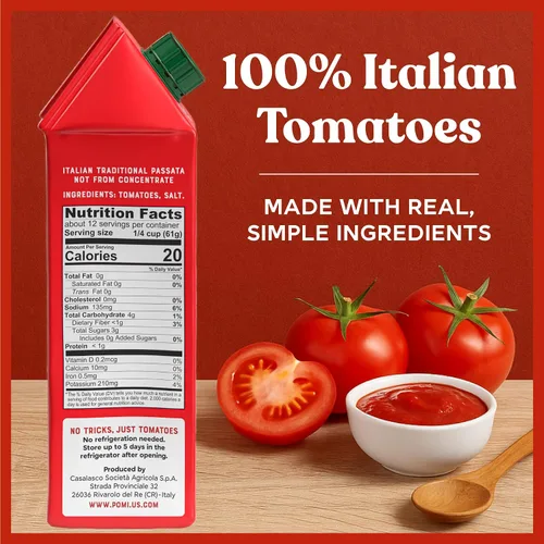 Vista 2 de Pomì Tomato Passata 26.46 onzas (paquete de 6) – Hecho en Italia – Puré de tomate cremoso y aterciopelado con toque de sal, sin aditivos ni