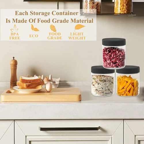 Vista 5 de Paquete de 6 tarros de plástico de 8 onzas con tapas negras Contenedores de almacenamiento de cocina recargables para alimentos secos, café, nueces