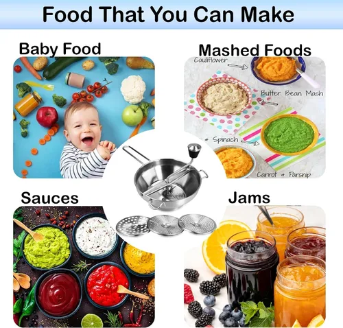Vista 7 de Molinillo de alimentos con 3 discos de molienda, tazón y mango de fresado, molinillo de comida de acero inoxidable seguro, molinillo de alimentos