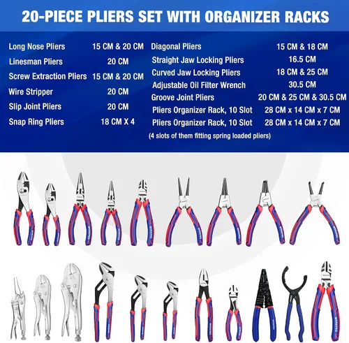 Vista 2 de WORKPRO Juego de Alicates, Conjunto de 20 Piezas de Alicates con Organizador de Alicates de 2 Paquetes, Se Adapta Perfectamente para Cajones de Caja