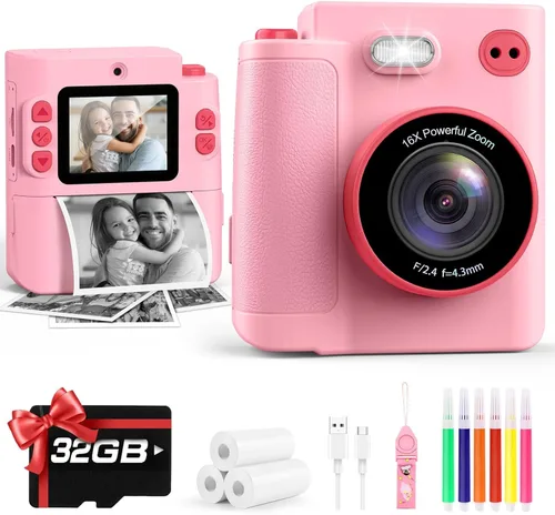 Vista 9 de Cámara para niños Impresión instantánea: Juguetes para niños y niñas, cámara digital que imprime fotos, regalo de cumpleaños de doble lente