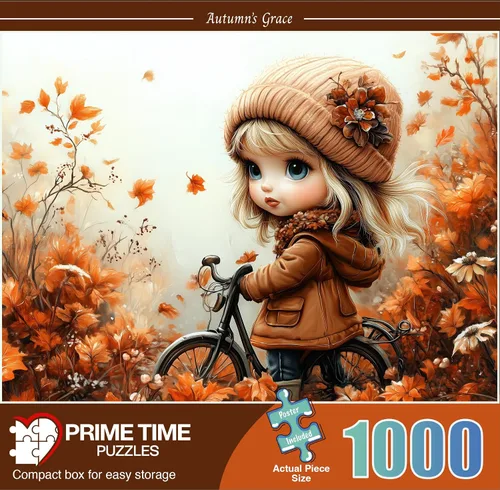 Vista 2 de Rompecabezas de 1000 piezas para adultos, linda chica con bicicleta en coloridas hojas y flores de otoño, rompecabezas desafiante perfecto