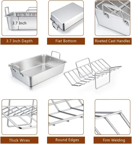 Vista 3 de P&P CHEF Bandeja Asadora de 14 pulgadas con rejilla para hornear y rejilla en forma de V, bandeja rectangular de acero inoxidable para lasaña