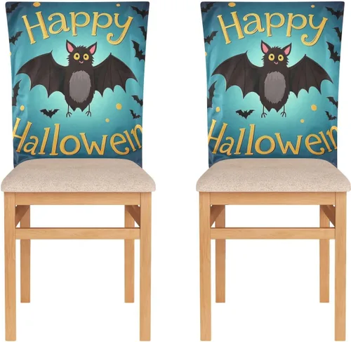 Vista 2 de Happy Halloween Cartoon Cute Black Bat Decorative Dining Chair Covers for Festivals (Easter, Graduation, etc.) Soft Easy To Put On/Take Off Chair