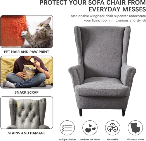 Vista 4 de Funda impermeable para silla con respaldo de ala, fundas elásticas de jacquard para silla, 2 piezas, funda de sofá con respaldo de ala, protector