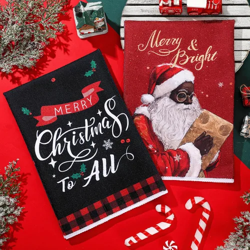 Vista 7 de Hosuly 6 Piezas Toallas de Cocina Navideñas Afroamericanas Paños de Platos de Santa Negro Toallas de Mano Navideñas Negras y Rojas Santa Ángel Acebo