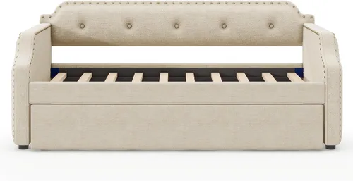 Vista 9 de Sofá cama tamaño individual con trundle, marco de sofá cama individual tapizado, sofá cama para dormitorio y sala de estar, beige