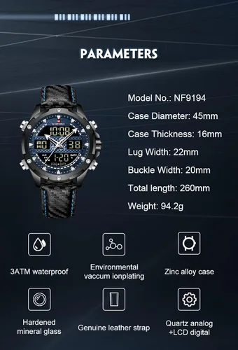 Vista 6 de NAVIFORCE Reloj analógico digital militar de cuarzo para hombre, movimiento de cuarzo japonés, resistente al agua, 3ATM, reloj deportivo de cuero