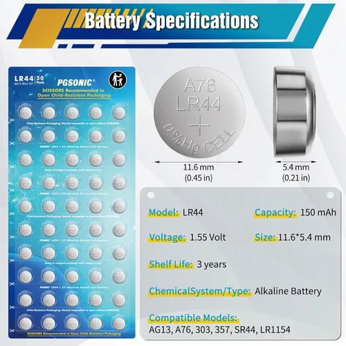 Vista 4 de PGSONIC Paquete de 50 baterías LR44, pilas de botón alcalinas de 1.5 voltios con potencia de larga duración